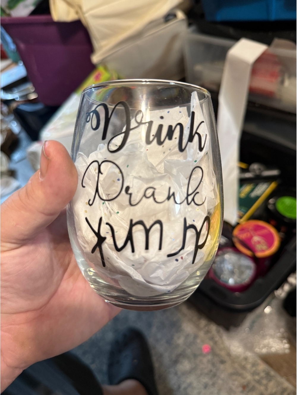 Clear Stemless Wine Glass with 'Drink Drank Drunk' Text
